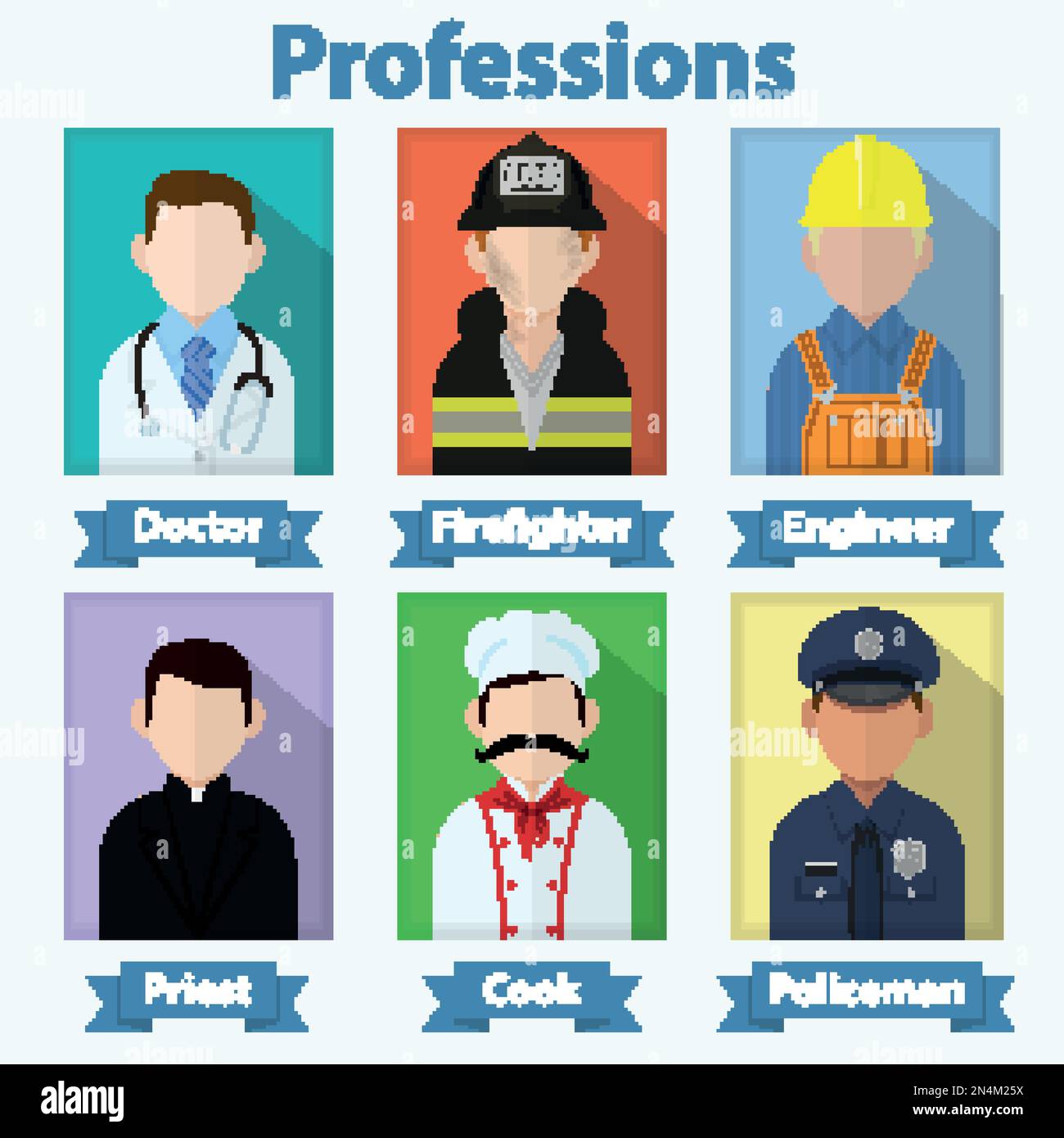 Avatars professionnels à vecteur plat. Ensemble d'icônes de personnes de travail divers. Médecin, pompier, ingénieur, prêtre, cuisinier, personnages policiers Illustration de Vecteur