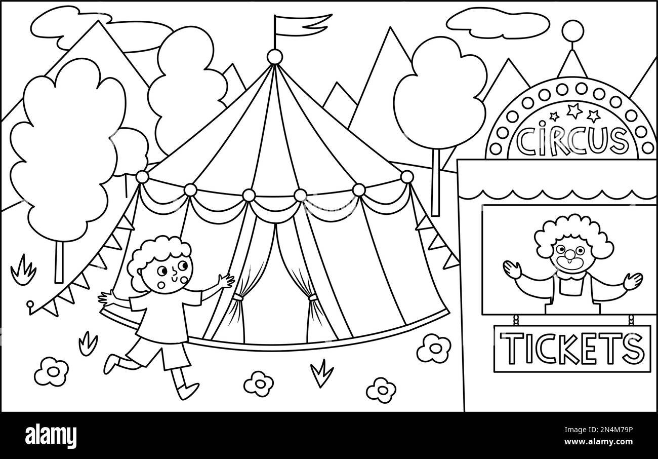 Scène vectorielle noir et blanc avec chapiteau de cirque, garçon en course jusqu'à la boîte à billets avec clown. Arrière-plan de la ligne d'affichage de rue. Illustration du festival mignonne. A Illustration de Vecteur