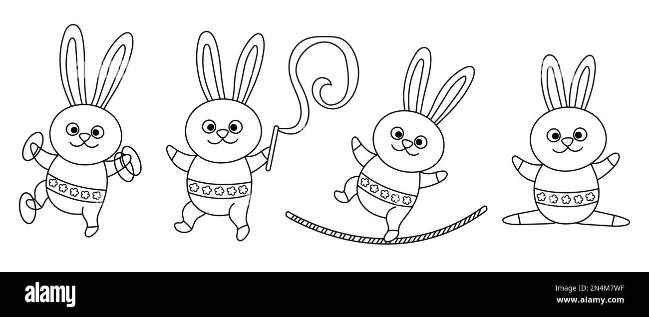 Ensemble noir et blanc vectoriel avec lapins gymnast avec hula houle, corde raide, ruban. Adorable animaux en ligne acrobat. Page de coloriage d'artiste de cirque ou de sport. UMA Illustration de Vecteur