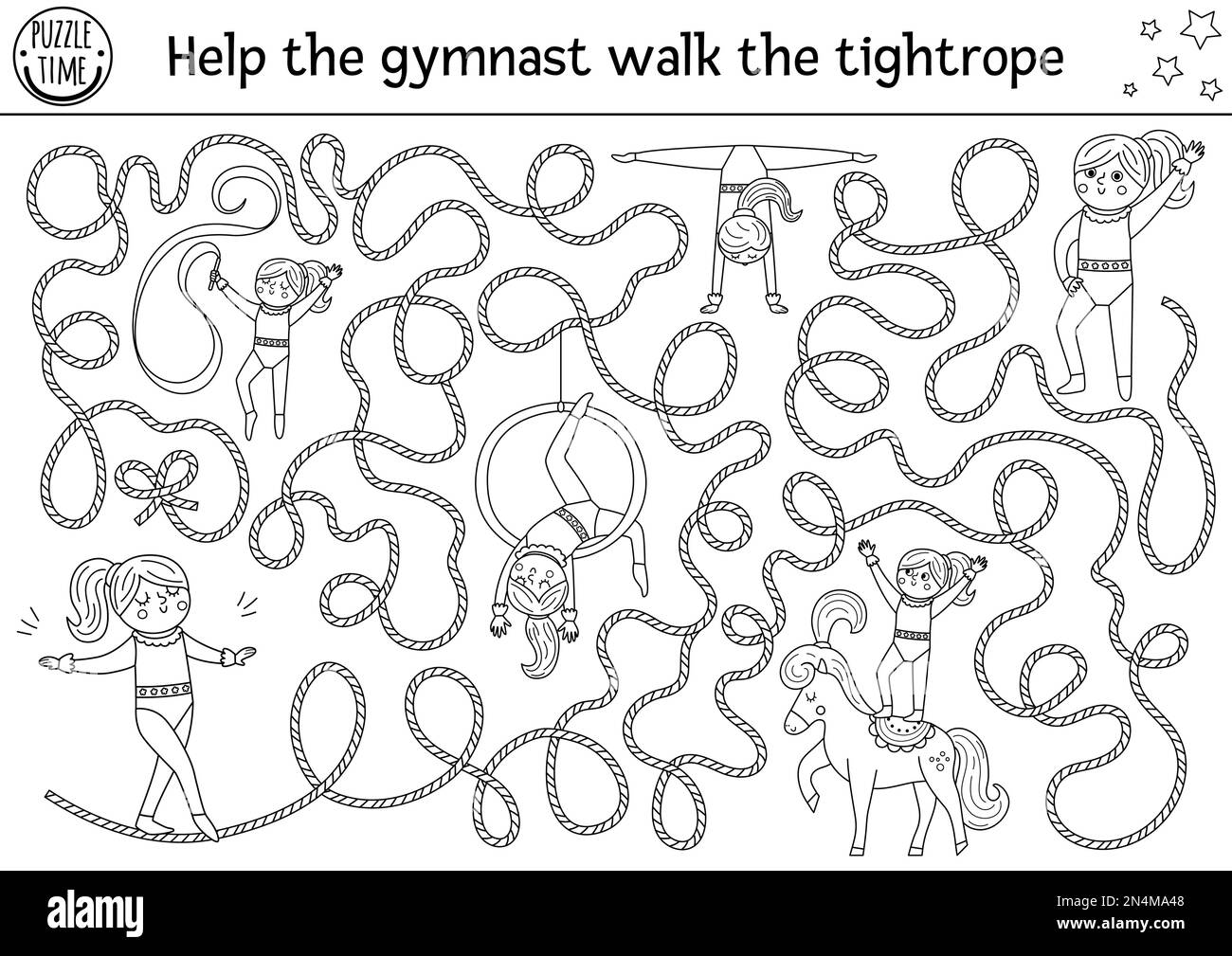 Labyrinthe noir et blanc de cirque pour les enfants avec gymnaste marchant sur la corde raide. Animation de ligne imprimable de spectacle préscolaire avec mignon acrobat fille. Ente Illustration de Vecteur