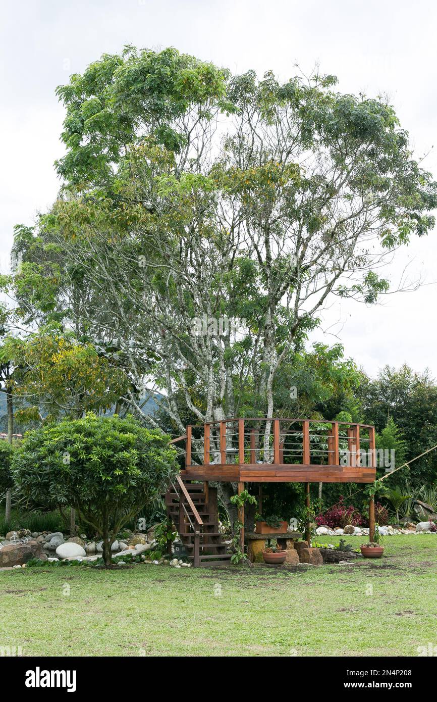 Balcon romantique, bois brun fait autour D'Un arbre. Banque D'Images