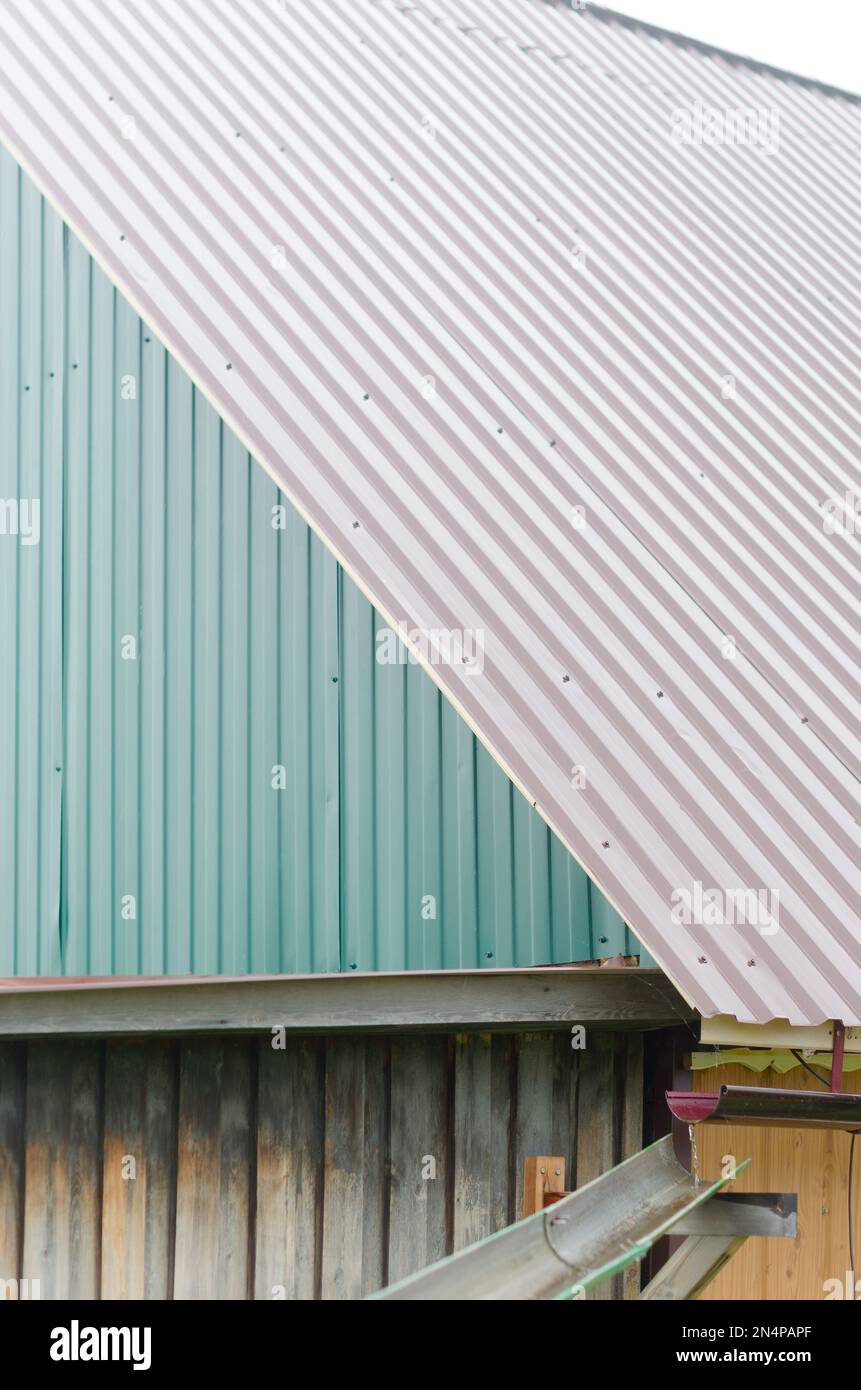 L'eau de pluie coule sur le bord du toit d'une maison de village dans la gouttière et coule sur. Collecte de l'eau potable des peuples du Nord de Banque D'Images