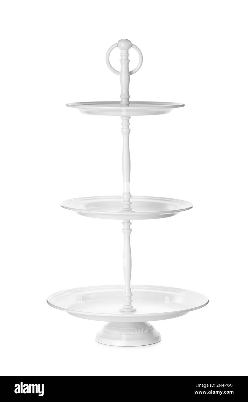 Présentoir à desserts en céramique propre isolé sur blanc Banque D'Images