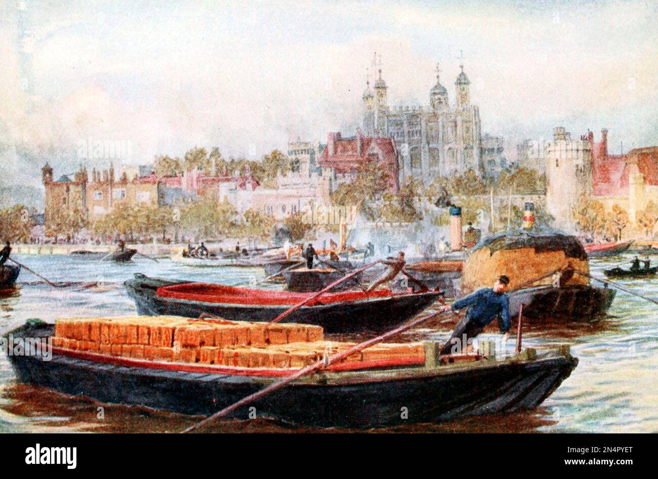 La Tour de Londres et Barges sur la Tamise, Londres, Angleterre, 1903 Banque D'Images