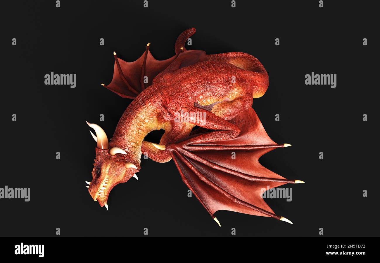 3d illustration d'un dragon de fantaisie rouge posant isolé sur fond noir avec un chemin d'écrêtage. Banque D'Images