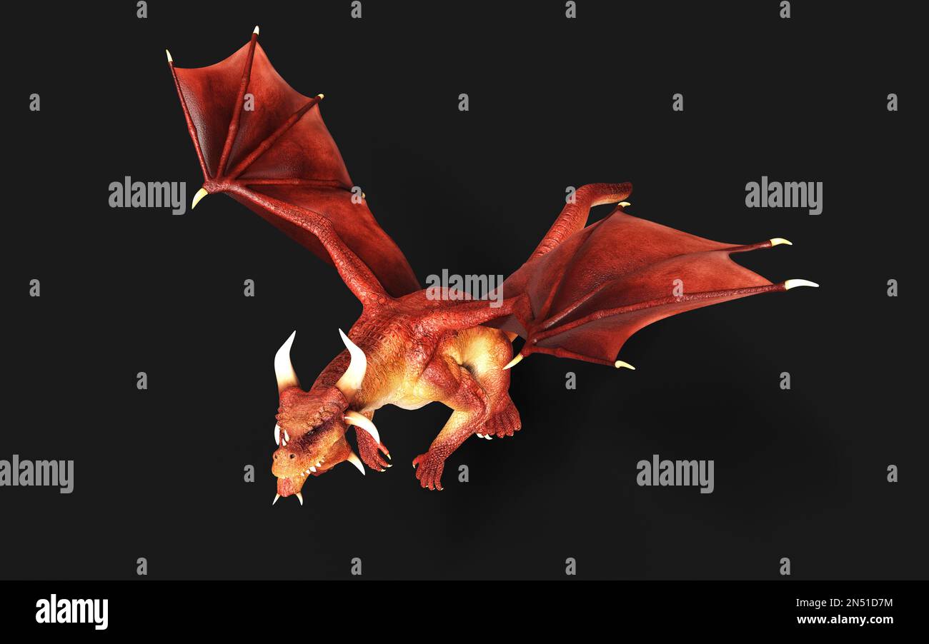 3d illustration d'un dragon de fantaisie rouge posant isolé sur fond noir avec un chemin d'écrêtage. Banque D'Images