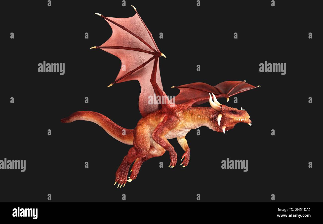 3d illustration d'un dragon de fantaisie rouge posant isolé sur fond noir avec un chemin d'écrêtage. Banque D'Images