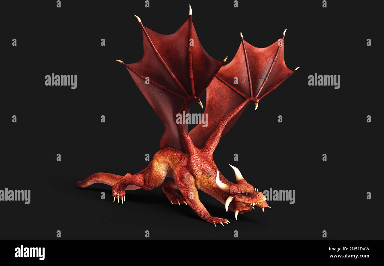3d illustration d'un dragon de fantaisie rouge posant isolé sur fond noir avec un chemin d'écrêtage. Banque D'Images