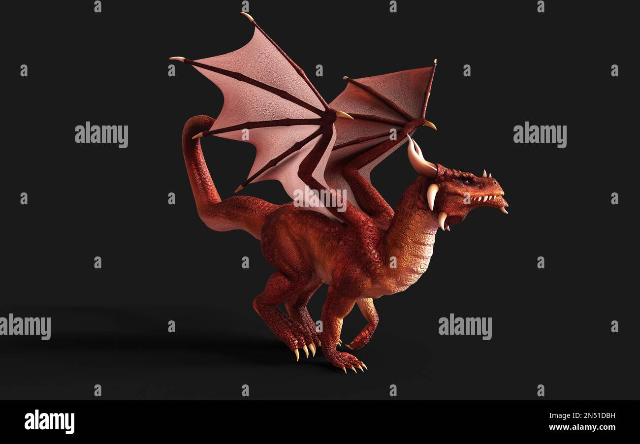 3d illustration d'un dragon de fantaisie rouge posant isolé sur fond noir avec un chemin d'écrêtage. Banque D'Images