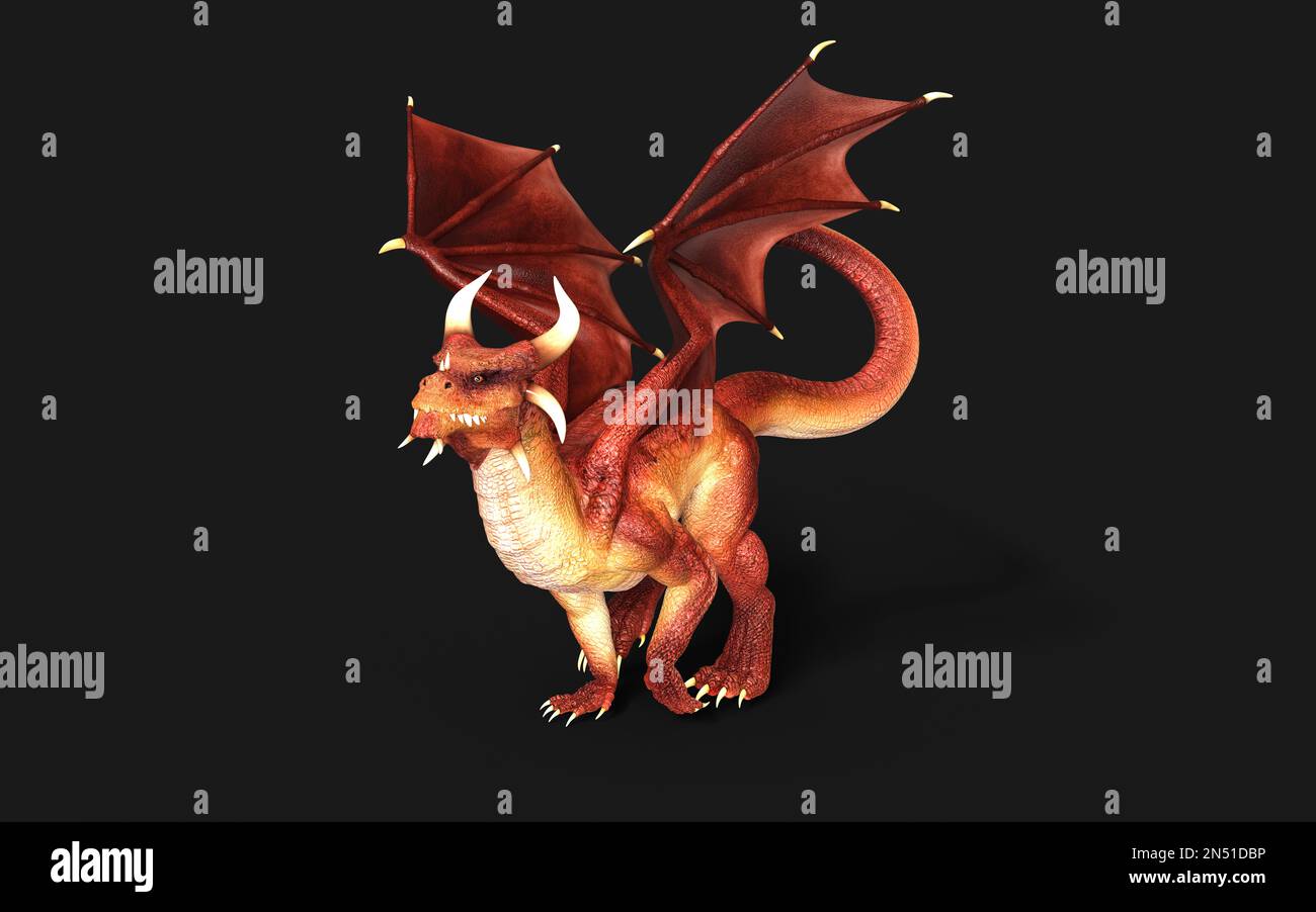 3d illustration d'un dragon de fantaisie rouge posant isolé sur fond noir avec un chemin d'écrêtage. Banque D'Images