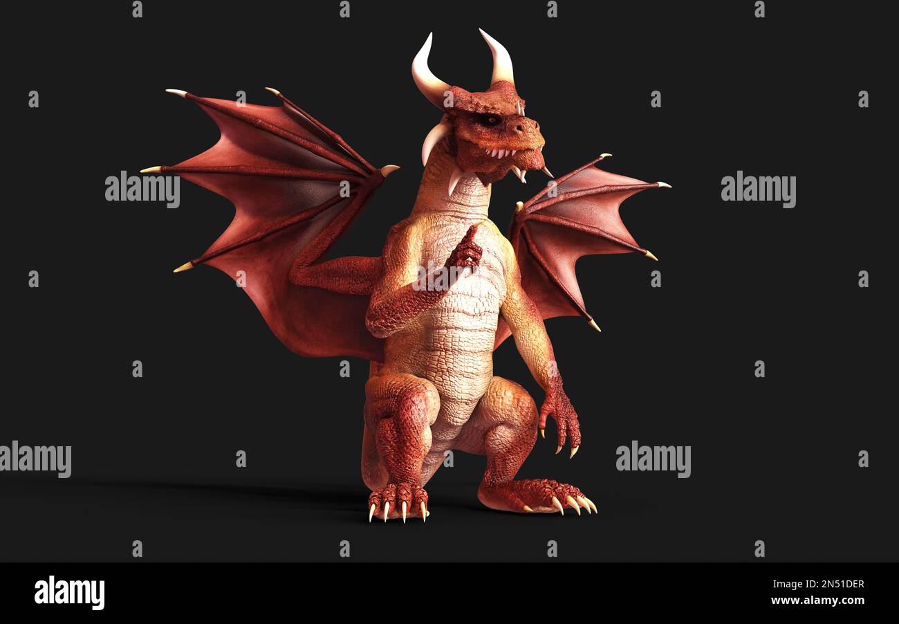 3d illustration d'un dragon de fantaisie rouge posant isolé sur fond noir avec un chemin d'écrêtage. Banque D'Images