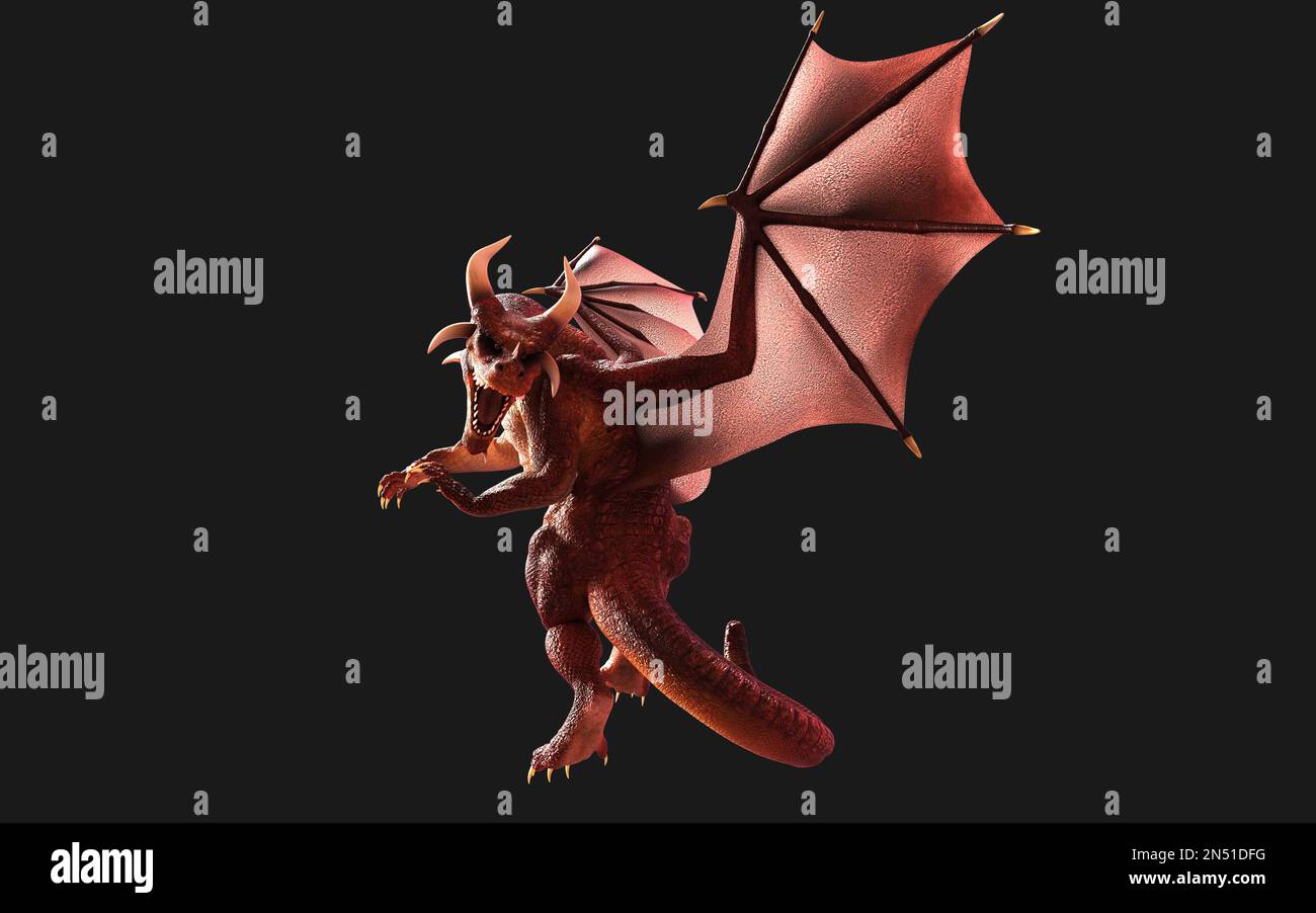 3d illustration d'un dragon de fantaisie rouge posant isolé sur fond noir avec un chemin d'écrêtage. Banque D'Images