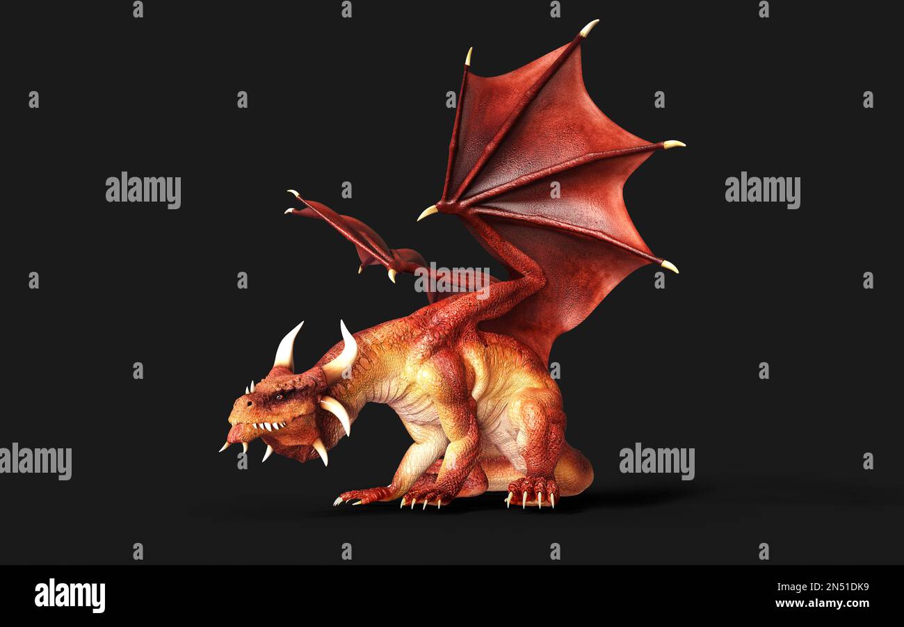 3d illustration d'un dragon de fantaisie rouge posant isolé sur fond noir avec un chemin d'écrêtage. Banque D'Images