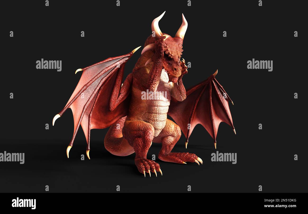 3d illustration d'un dragon de fantaisie rouge posant isolé sur fond noir avec un chemin d'écrêtage. Banque D'Images
