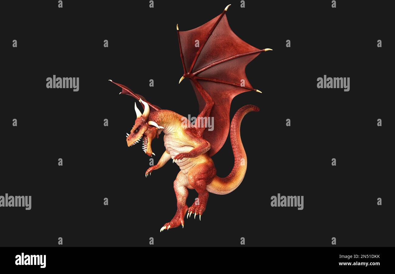 3d illustration d'un dragon de fantaisie rouge posant isolé sur fond noir avec un chemin d'écrêtage. Banque D'Images
