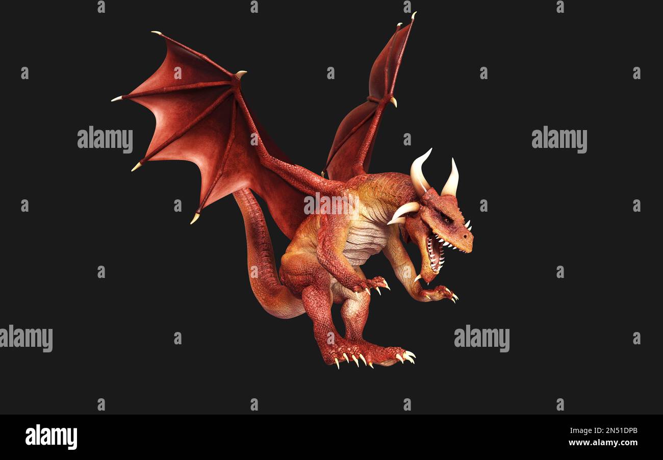 3d illustration d'un dragon de fantaisie rouge posant isolé sur fond noir avec un chemin d'écrêtage. Banque D'Images
