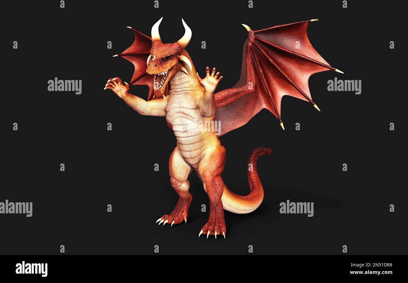 3d illustration d'un dragon de fantaisie rouge posant isolé sur fond noir avec un chemin d'écrêtage. Banque D'Images