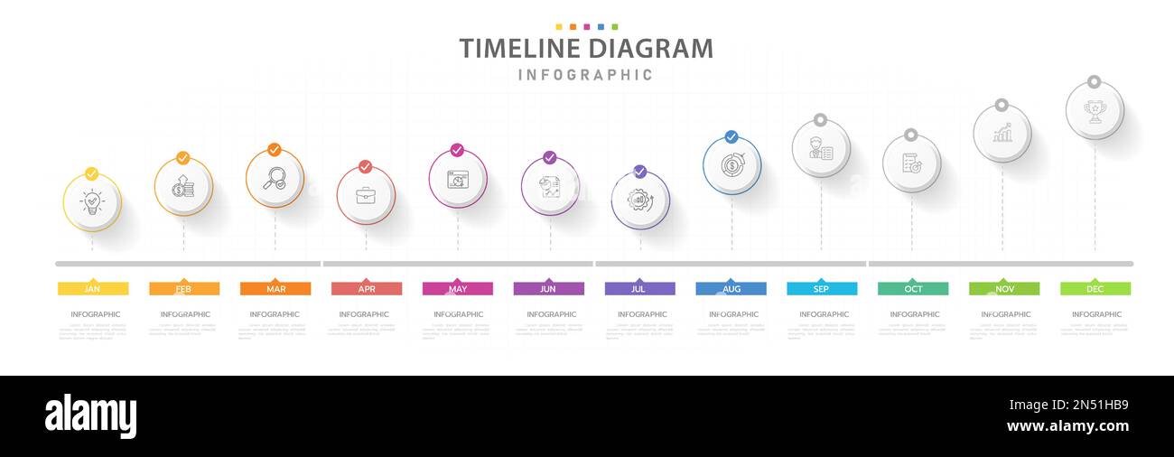 Modèle d'infographie pour les entreprises. Calendrier de diagramme de la feuille de route moderne de 12 mois, infographie de vecteur de présentation. Illustration de Vecteur