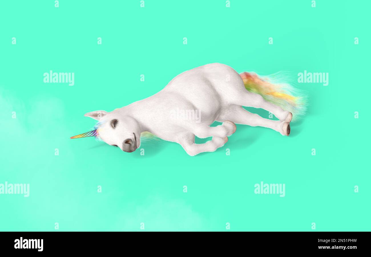 3D Illustration de la mythique Unicorn de poche posant isolat sur fond vert pastel avec chemin de coupure. Banque D'Images