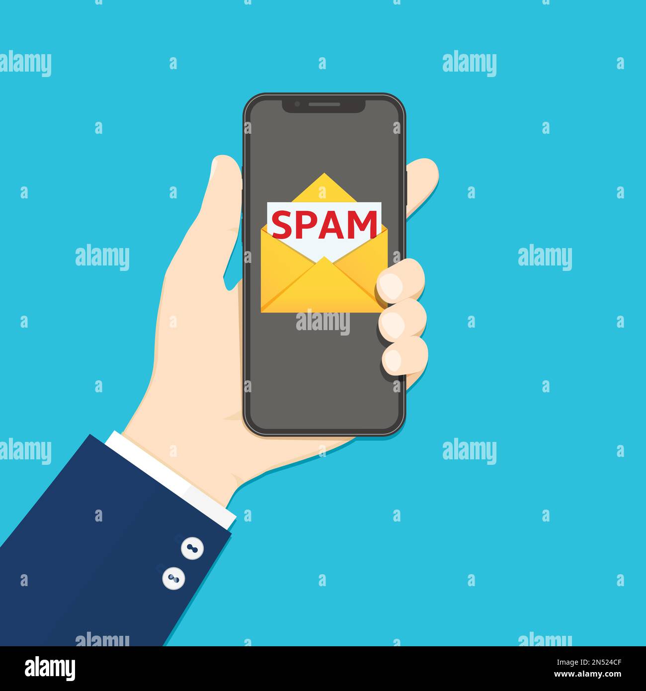 Main tenant le smartphone avec le courrier indésirable à l'écran. Illustration vectorielle de style plat. Illustration de Vecteur