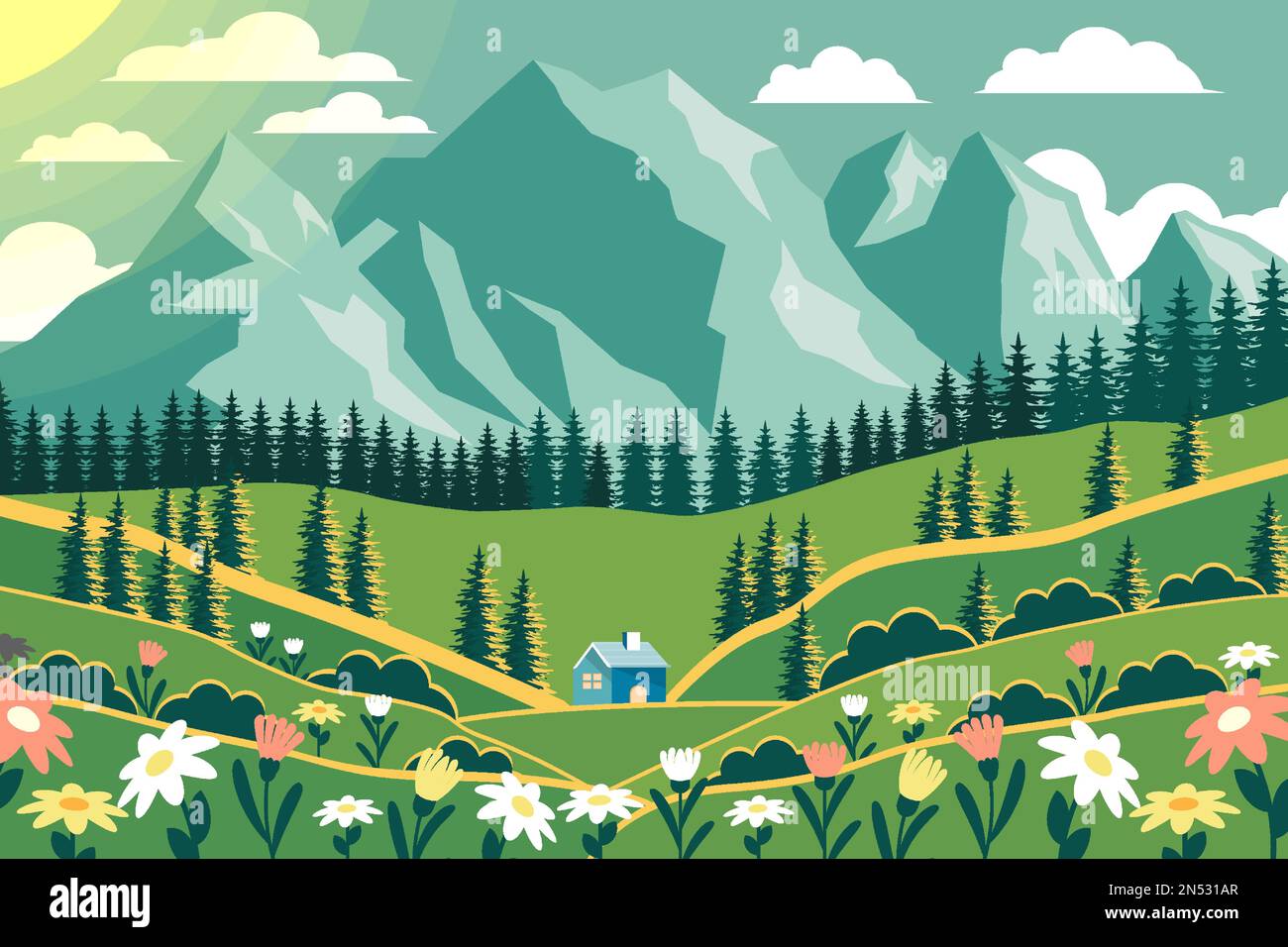 paysage de printemps à conception plate avec fleurs, arbres, et une petite maison sur un fond de montagne Illustration de Vecteur