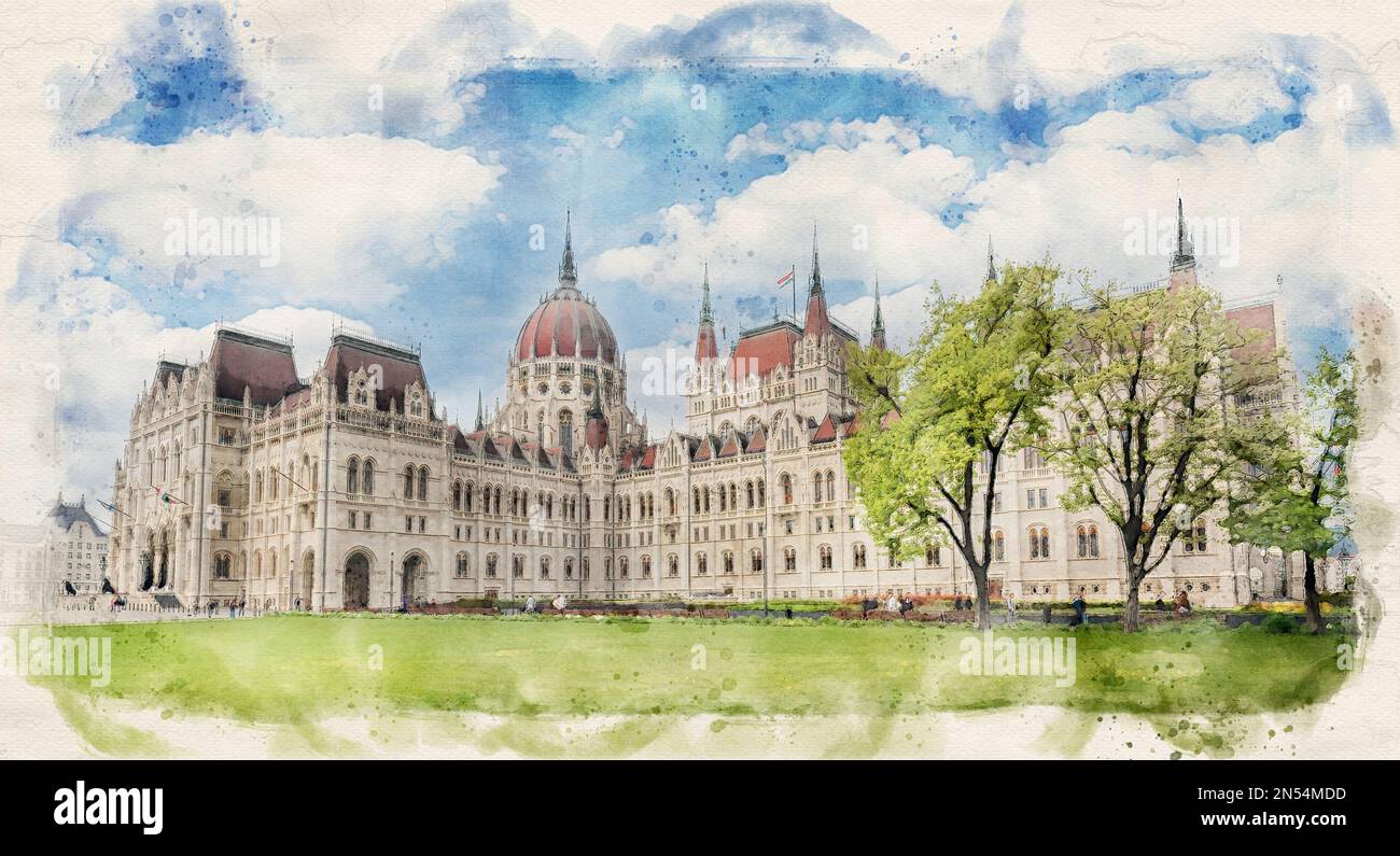 Bâtiment du Parlement hongrois à Budapest, Hongrie, dans un style aquarelle. Banque D'Images