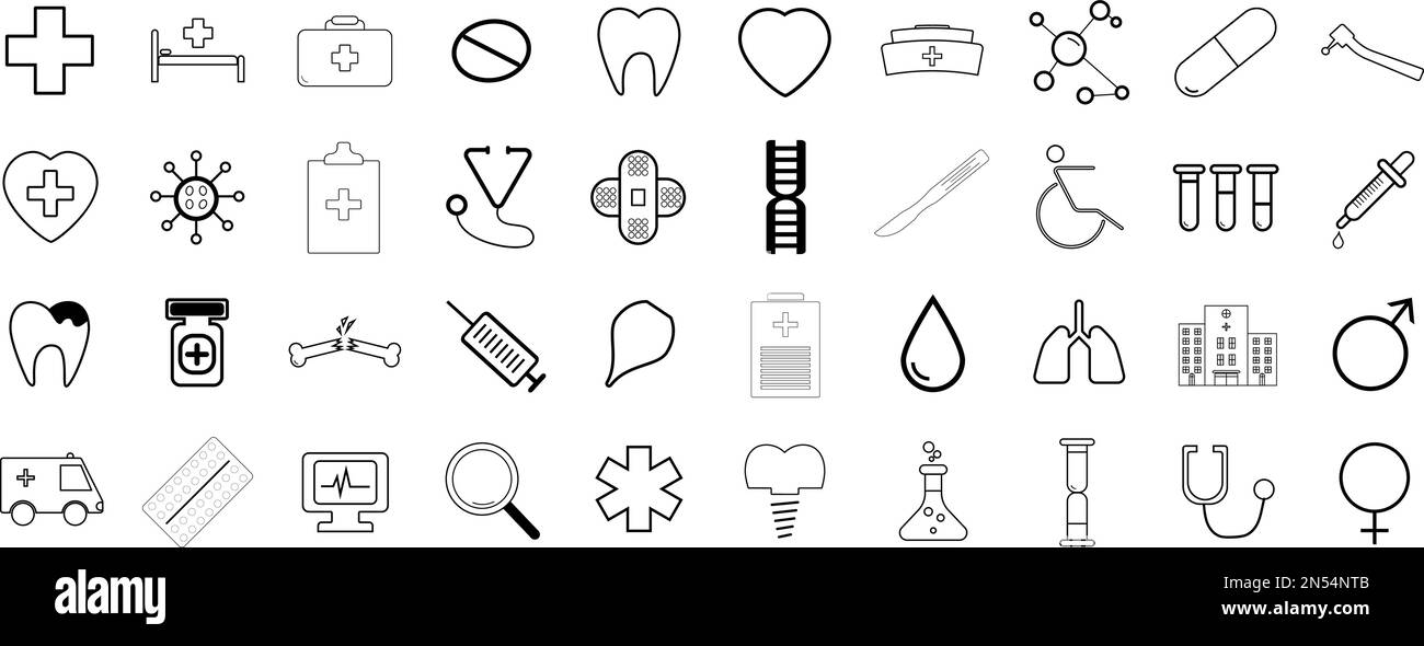 Jeu d'icônes vecteur médical. Icônes de ligne, signes et symboles dans la conception linéaire plate de la médecine et des soins de santé avec des éléments pour les concepts mobiles et les applications Web. Illustration de Vecteur