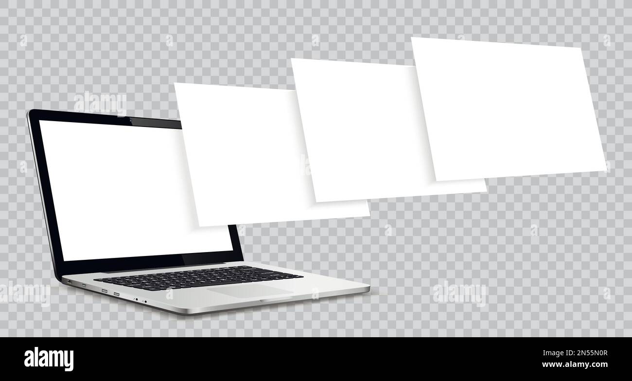Maquette d'ordinateur portable avec des pages sans fil isolées sur un arrière-plan transparent. Concept de présentation des projets de conception Web. Illustration de Vecteur