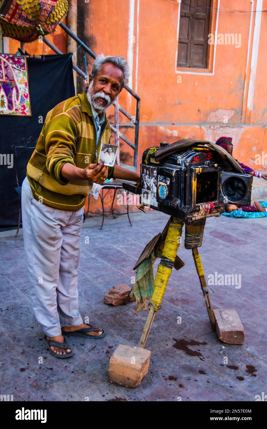 Photographe avec appareil photo historique, Jaipur, Jaipur, Rajasthan, Inde Banque D'Images