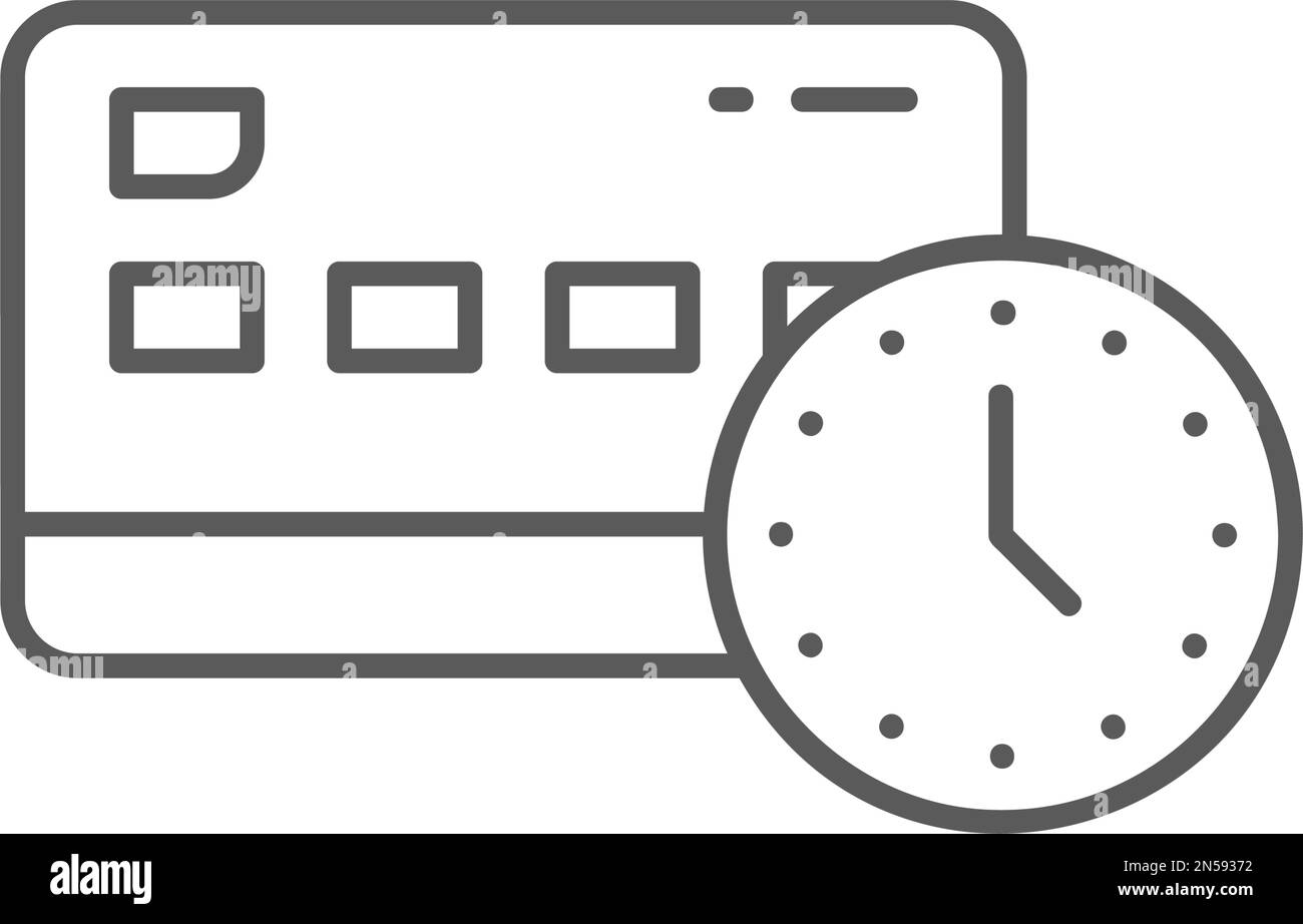 Carte de crédit avec horloge, traitement de paiement d'argent, le temps est l'icône de ligne d'argent. Achat, banque en ligne, symbole financier. Illustration de Vecteur