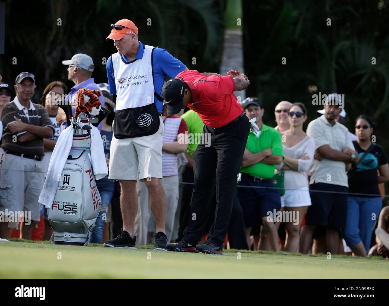 Tiger Woods, right, stretches his back as he stands with his caddie Joe LaCava, left, during the final round of the Cadillac Championship golf tournament Sunday, March 9, 2014, in Doral, Fla. (AP Photo/Lynne Sladky) Banque D'Images