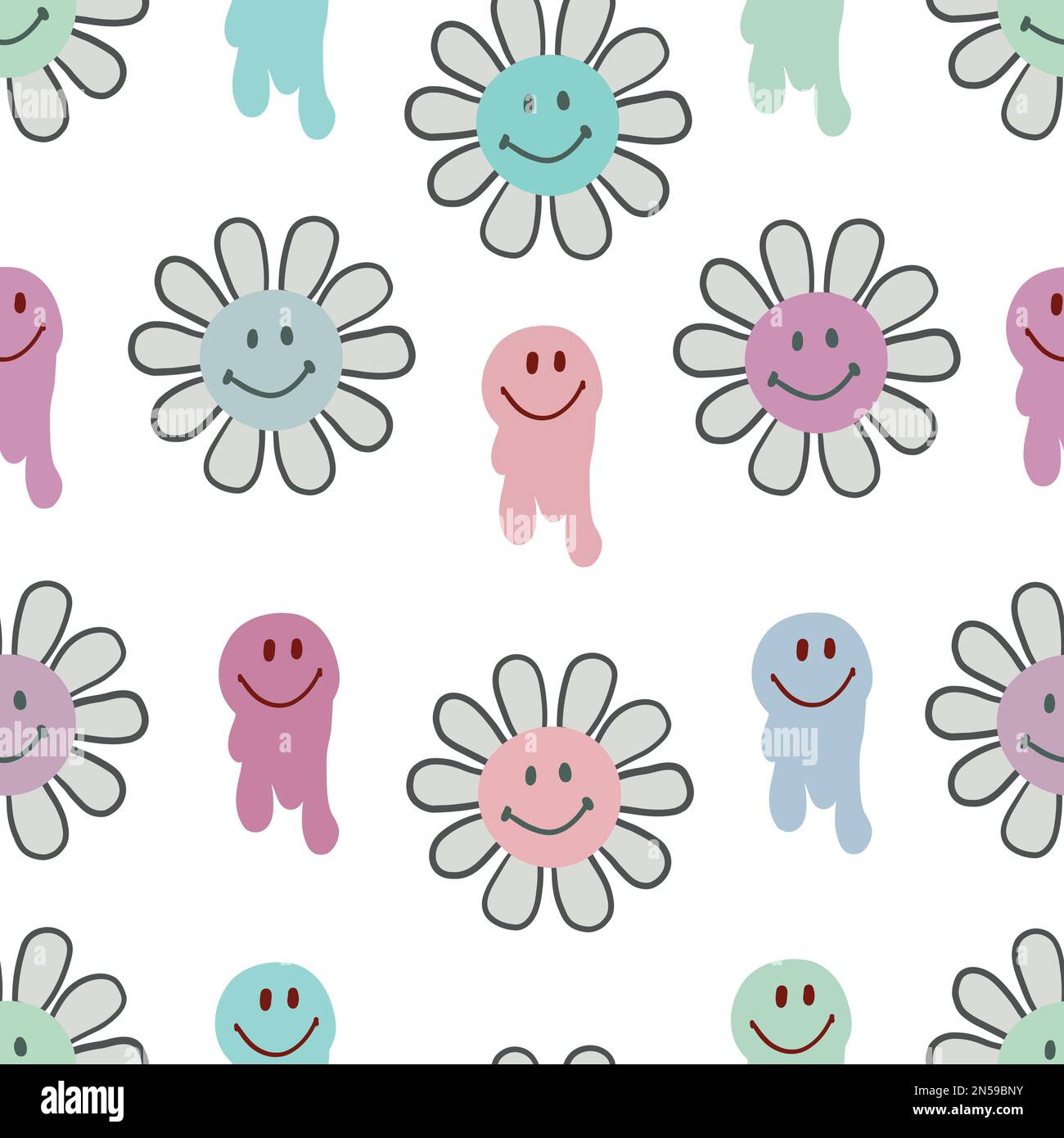 Yk2 mode 2000s sans couture motif en tissu avec de jolies fleurs et des visages souriants sans coutures Illustration de Vecteur