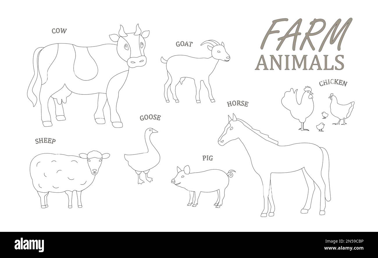 Animaux de ferme, vache, porc, cheval, mouton. chèvre, poulet, oie, volaille, style esquisse avec animaux isolés sur fond blanc, animal réaliste Illustration de Vecteur