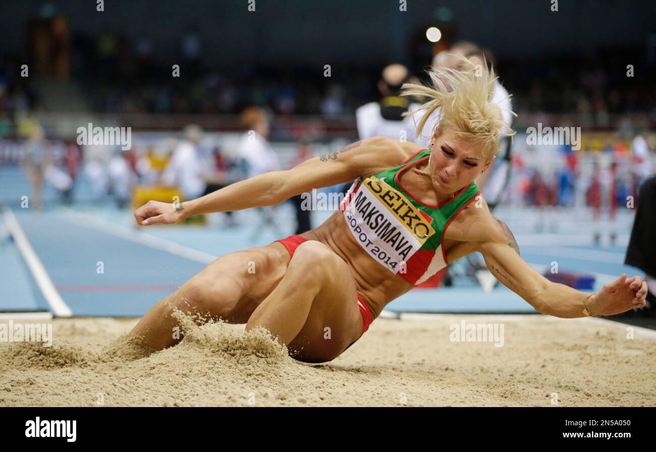 Belarus' Yana Maksimava makes an attempt in the long jump of the women's pentathlon during the Athletics Indoor World Championships in Sopot, Poland, Friday, March 7, 2014. (AP Photo/Matt Dunham) Banque D'Images