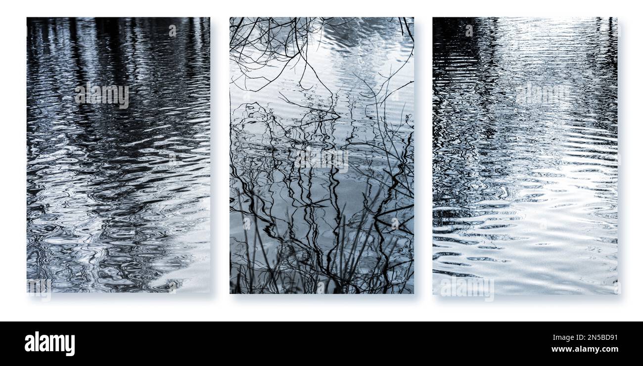 Vue panoramique sur un lac avec des ondulations et des reflets. Banque D'Images