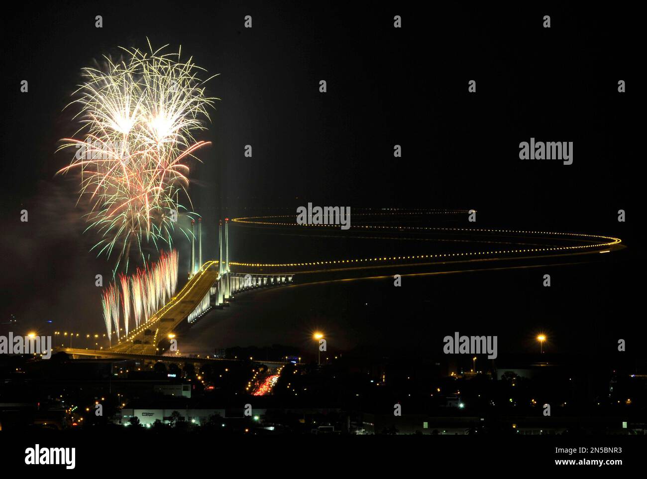 Fireworks explode over second Penang bridge during its launch in Penang ...