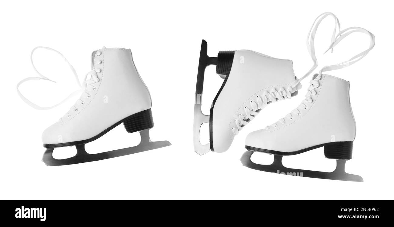 Placez les patins à glace sur fond blanc. Bannière Banque D'Images