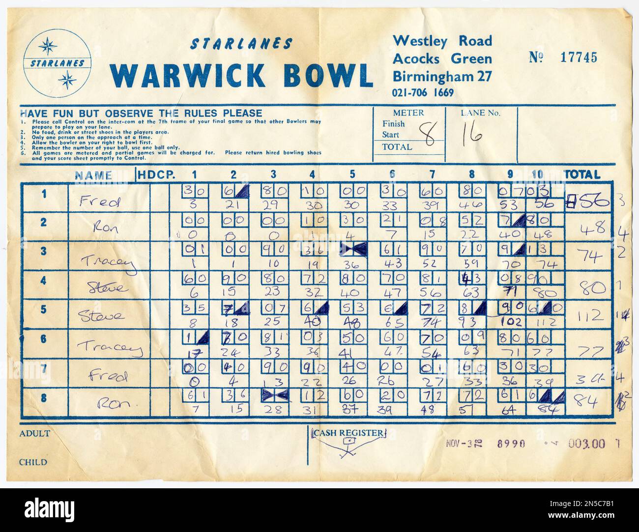 Vintage Tenpin Bowling feuille de score de 1978, rempli avec les résultats du jeu Banque D'Images