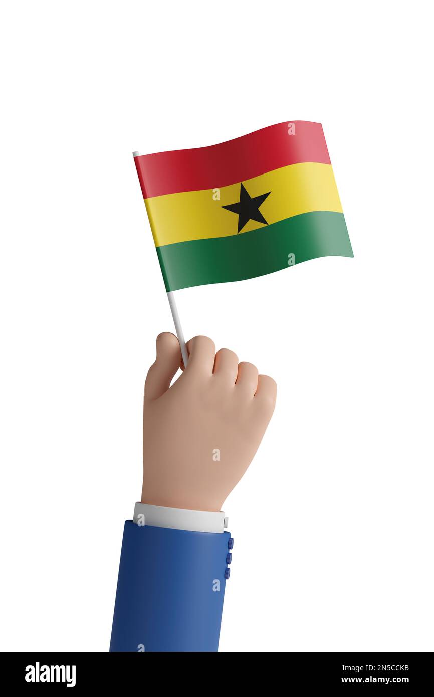 Main de dessin animé avec le drapeau du Ghana isolé sur fond blanc. 3d illustration. Banque D'Images