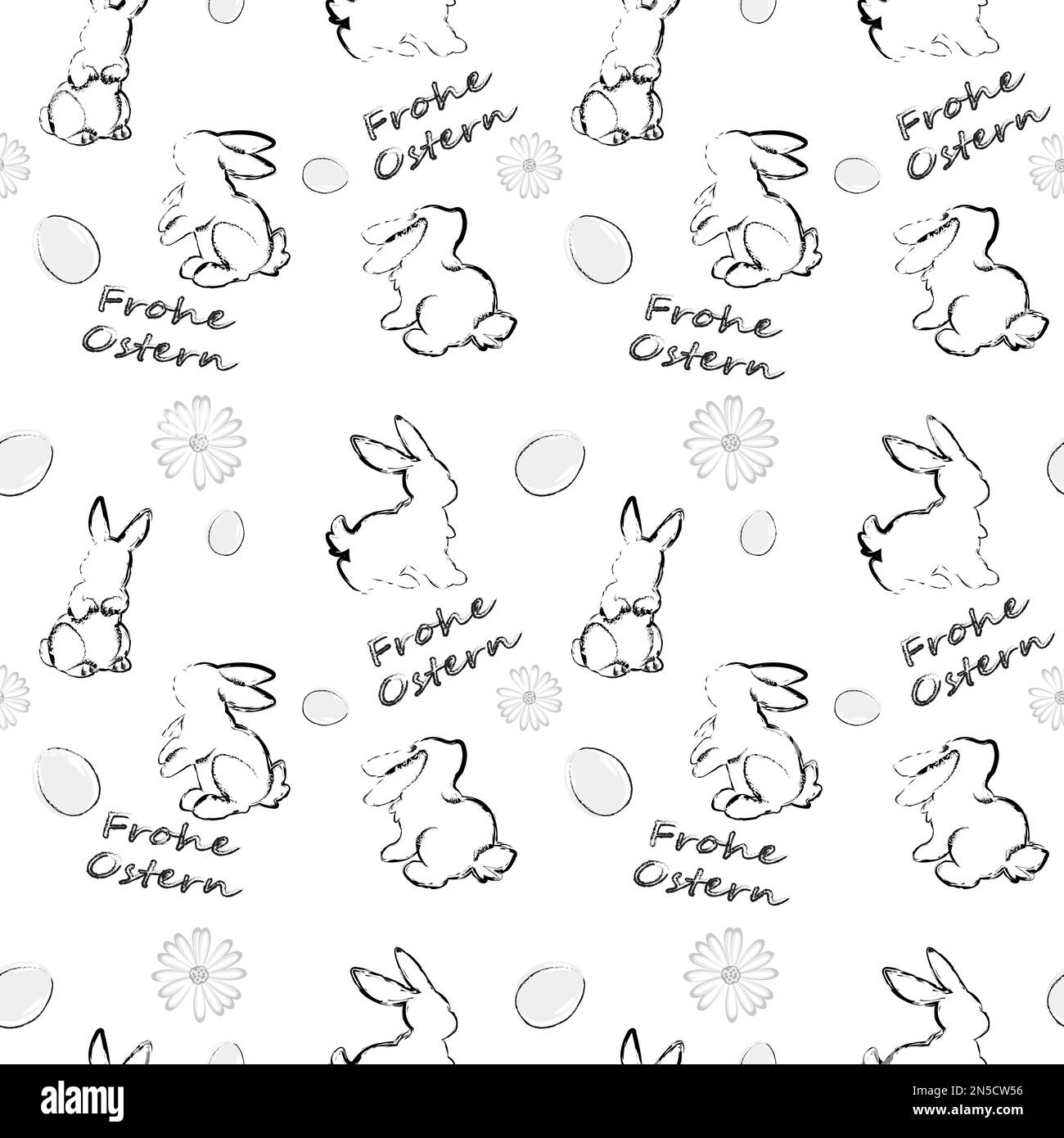 Motif sans couture avec lapins de Pâques, œufs, fleurs et inscription en allemand sur fond blanc. Traduction: Joyeuses Pâques. Illustration de Vecteur