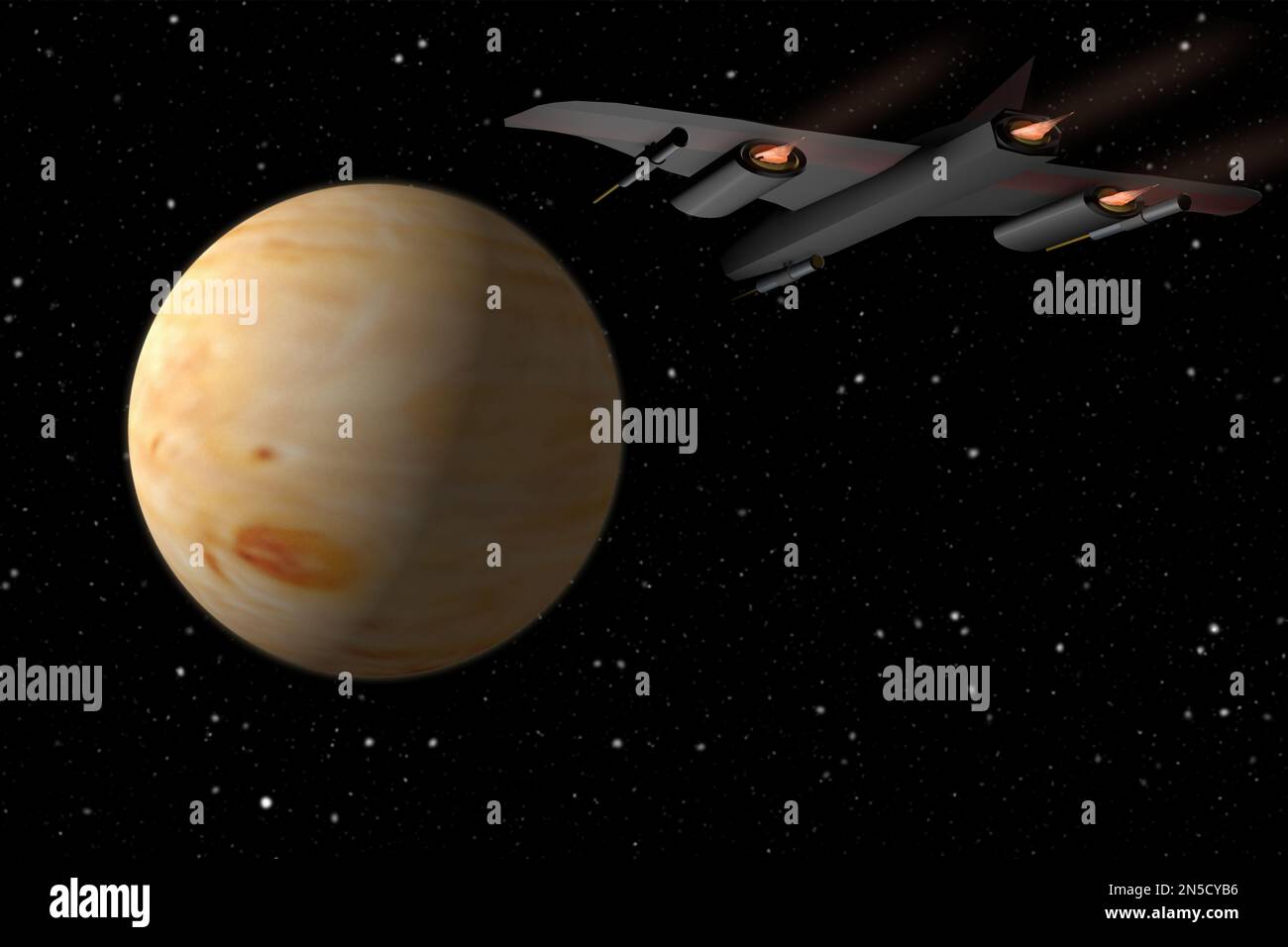 Combattant de supériorité spatiale se dirigeant vers une planète de gaz inconnue dans notre univers. Banque D'Images