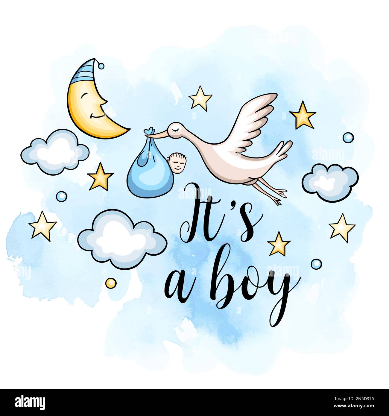Carte de voeux c'est un garçon avec le stork volant porte un bébé garçon sur un fond bleu aquarelle. Douche de bébé. Banque D'Images