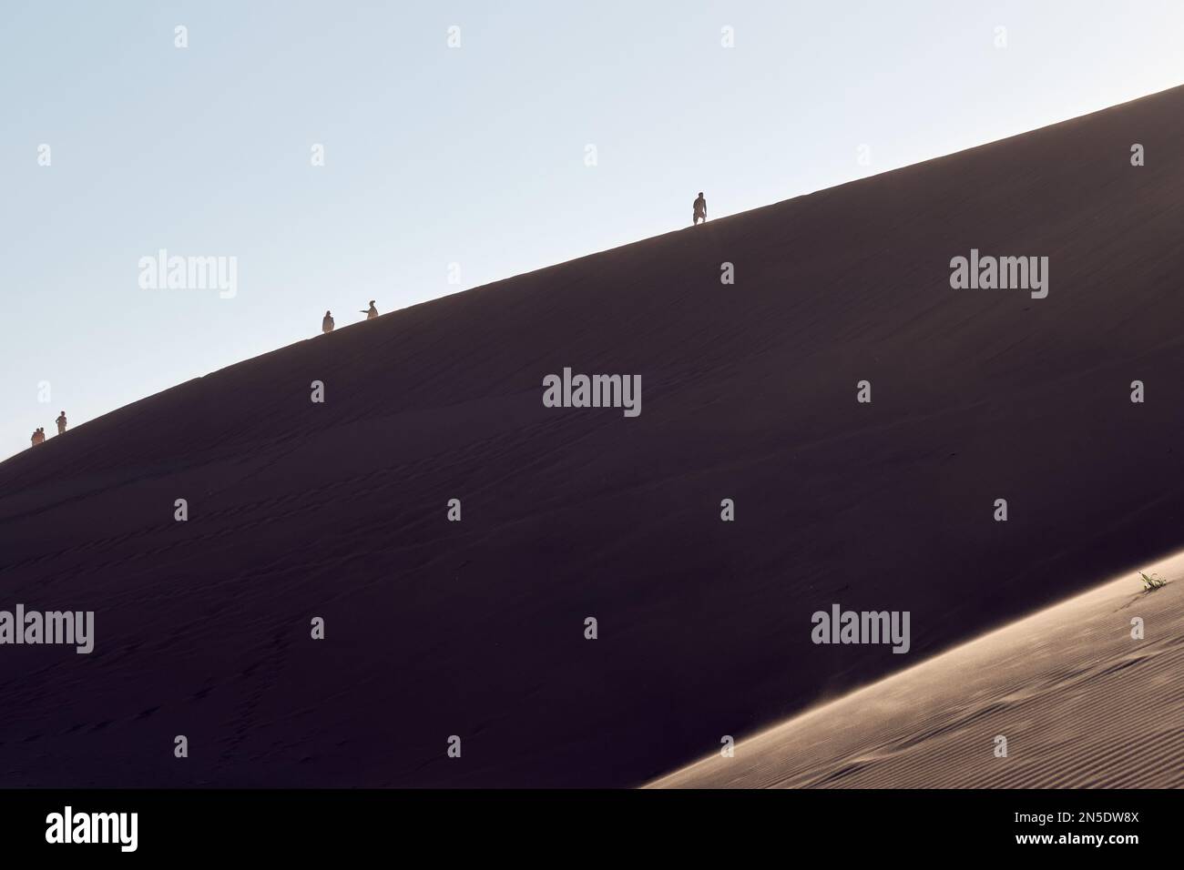 Silhoutted visiteurs les touristes grimpent la dune de sable de Big Daddy à Deadvlei, Sossusvlei, Namibie. Banque D'Images