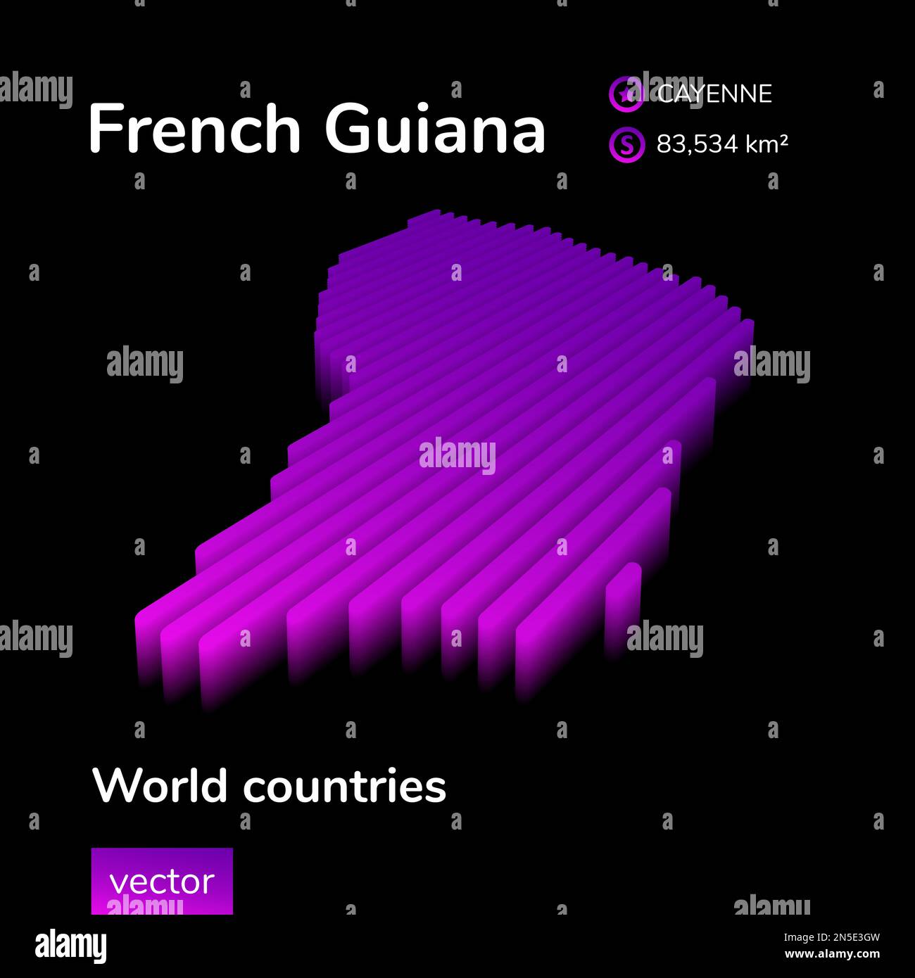 Carte de la Guyane française 3D. Stylisé néon simple numérique isométrique rayé vecteur carte est en violet sur fond noir. Bannière éducative Illustration de Vecteur