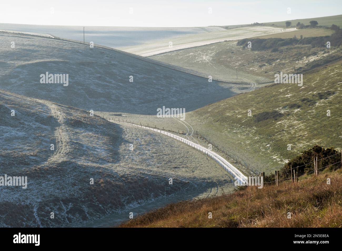 Collines vallonnées en gel le long de Chydyok Road, Chaldon Herring, Dorset, Angleterre, Royaume-Uni, Europe Banque D'Images