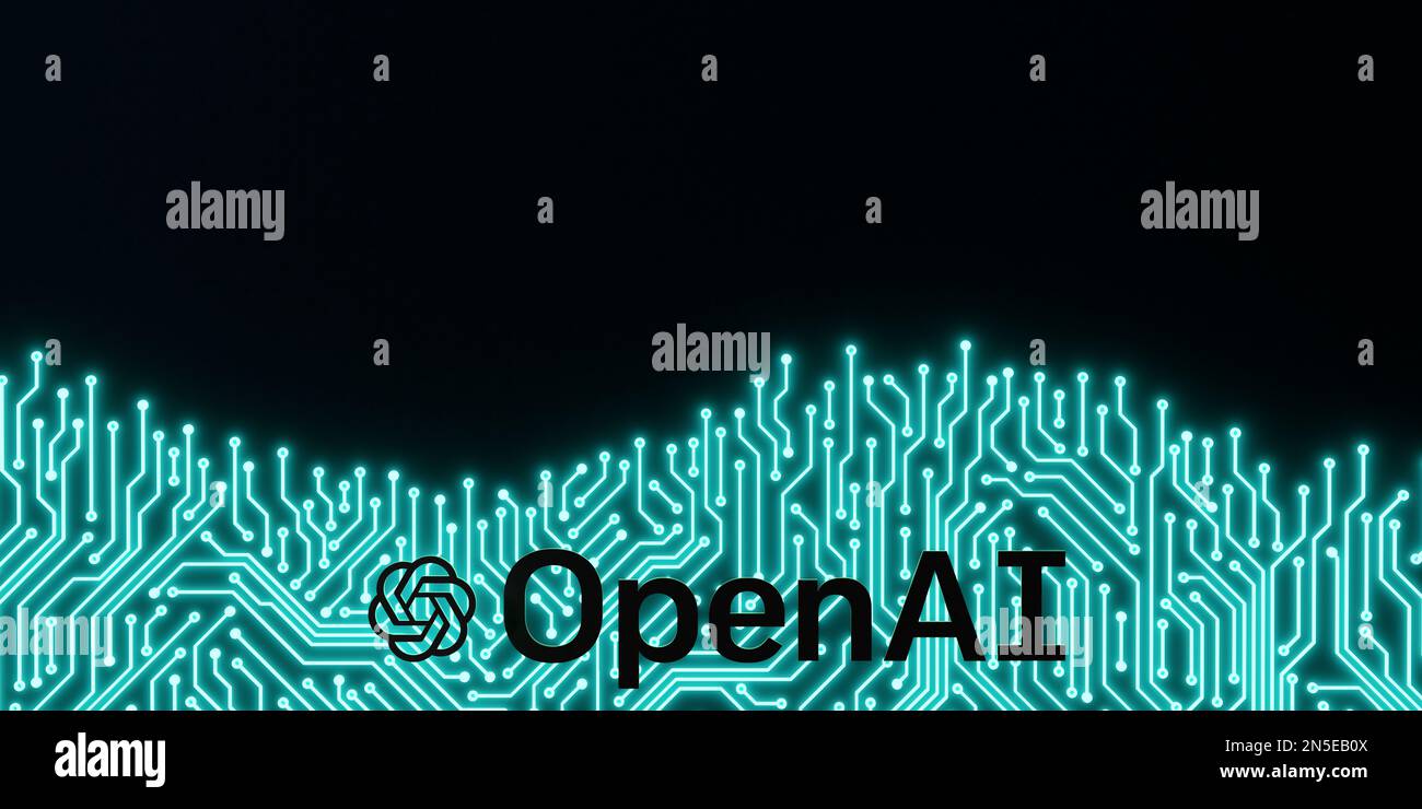 Logo OpenAI texte ChatGPT sur fond géométrique noir CPU, espace de copie. 3D concept d'illustration du rendu, Istanbul, Turquie, 02.09.2023. Banque D'Images Logo OpenAI texte ChatGPT sur fond géométrique noir CPU, espace de copie. 3D concept d'illustration du rendu, Istanbul, Turquie, 02.09.2023. Banque D'Images