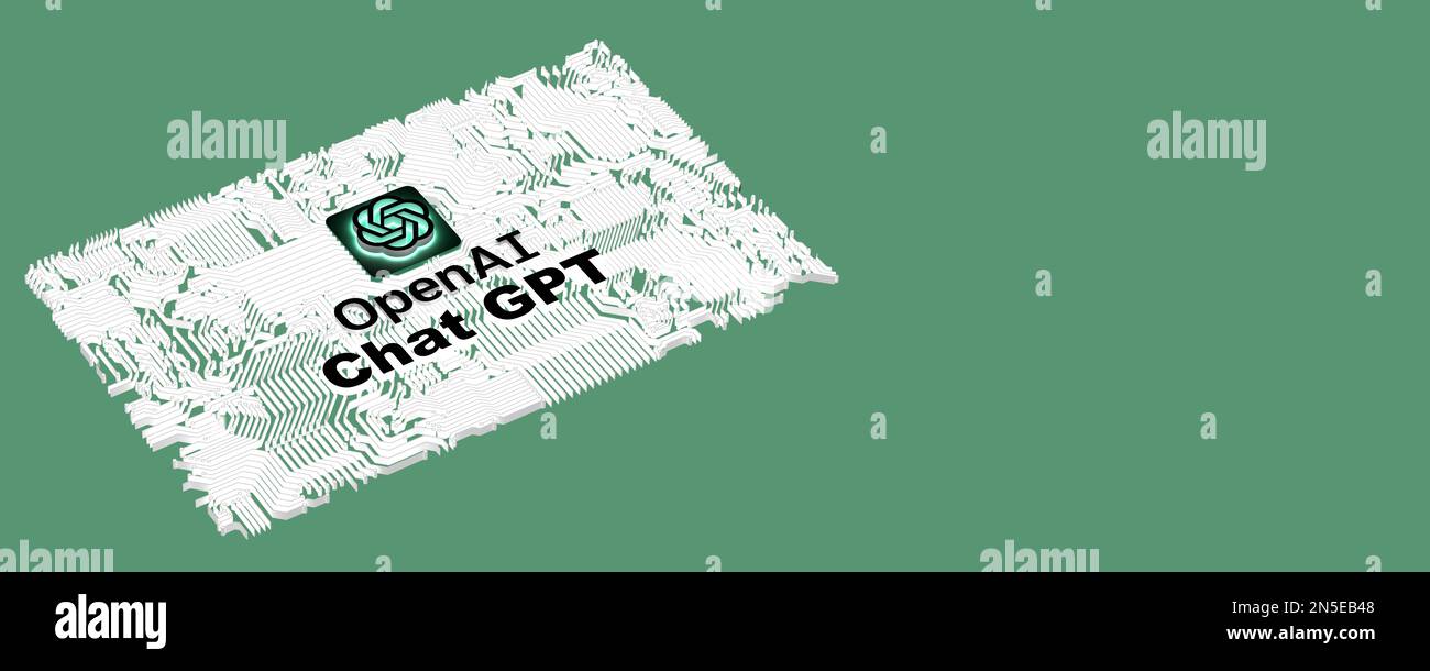 Logo OpenAI texte ChatGPT sur fond géométrique vert CPU, espace de copie. 3D concept d'illustration du rendu, Istanbul, Turquie, 02.09.2023. Banque D'Images