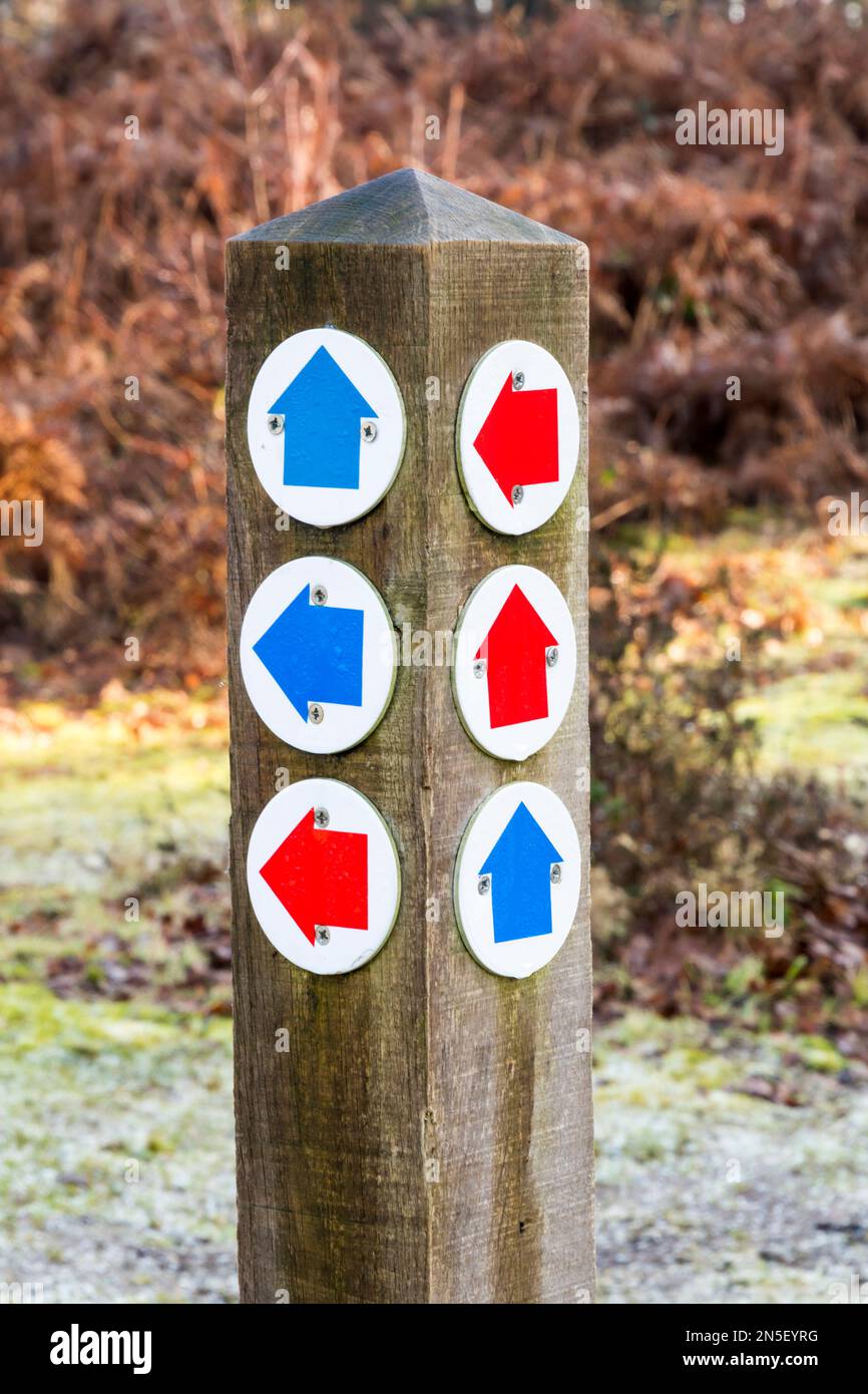 Marqueurs de route ou flèches de signalisation sur un poste à Wolferton dans Norfolk. Banque D'Images