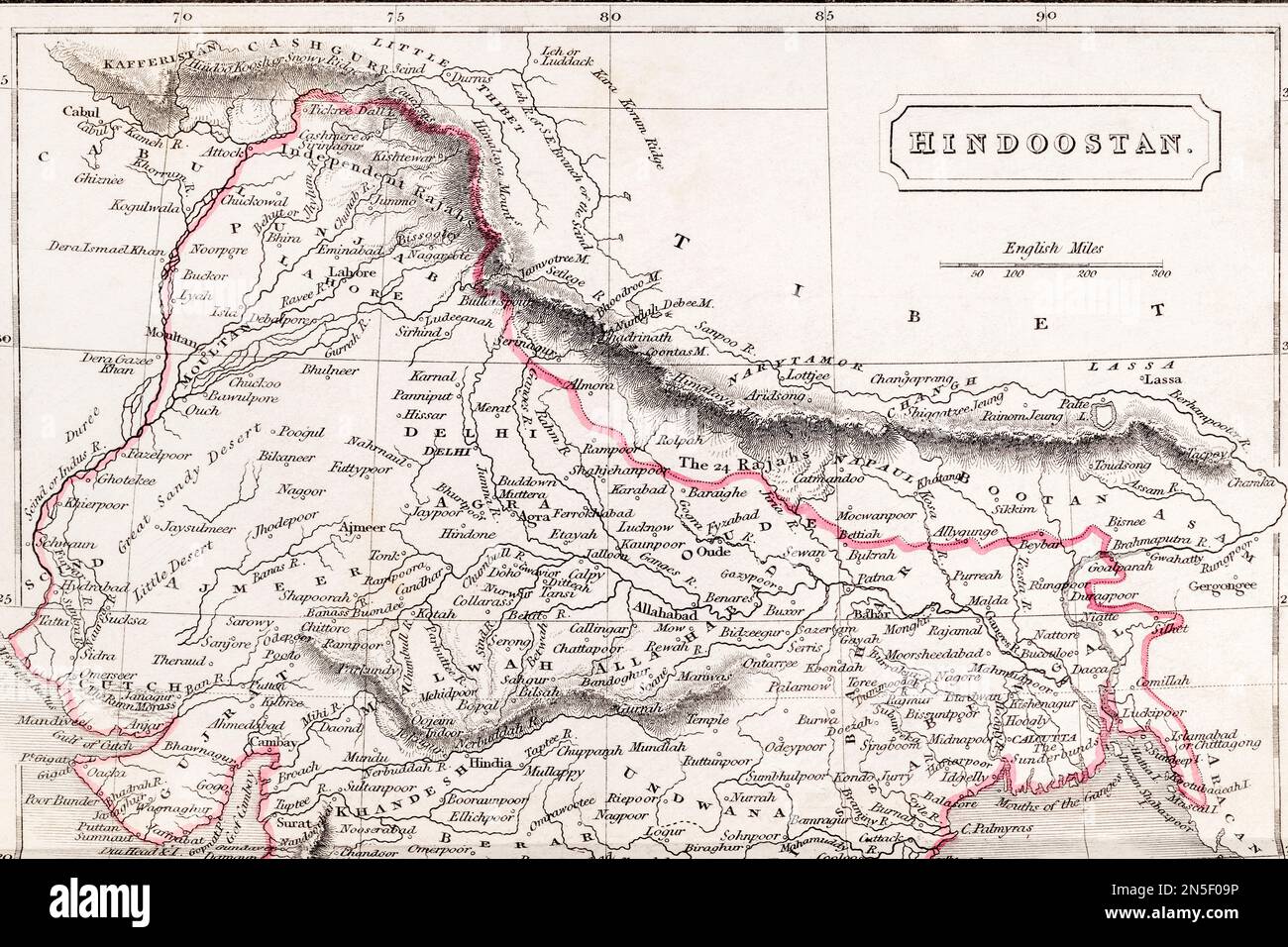 1830s carte historique de l'atlas des frontières nord du Hindoostan / Inde - Cashmir / Cachemire au Népal et au Bhoutan. Des parties sont contestées entre l'Inde et la Chine. Banque D'Images