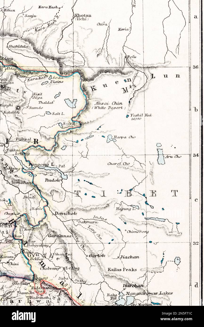 1897 carte historique de l'atlas de la région d'Arunachal Pradesh, Aksai Chin, Pangong Lake zones contestées + Tibet, zones fortement contestées par la Chine et l'Inde Banque D'Images